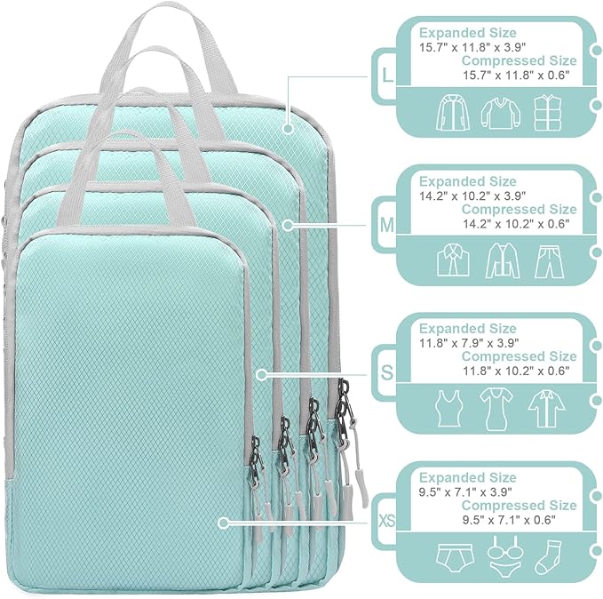WOOMADA Compression Packing Cubes for Suitcases Travel Essentials 8 Set Expandable Travel Bags Organizer for Luggage(turquois