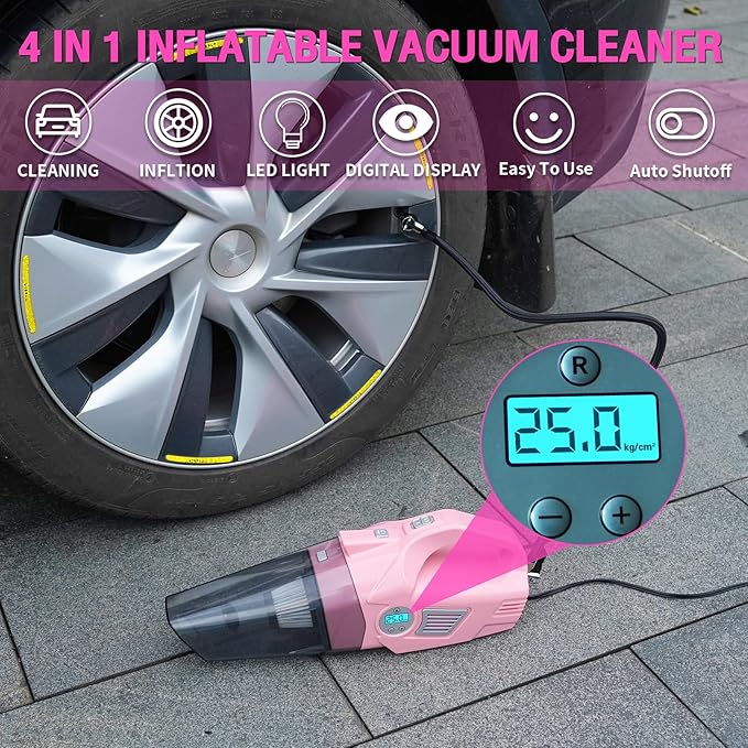 Roadside Emergency Car kit for Vehicles, with 4 in 1 Inflatable Car Vacuum Cleaner, Pink Jumper Cables, First Aid Kit, Tow Ro