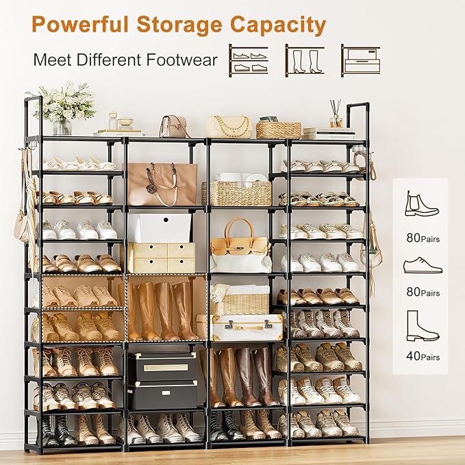 WOWLIVE 4 Row 10 Tiers Extra Large Shoe Rack Big Tall Metal Shoe Shelf, Heavy Duty Organizer for Closet Entryway, Boot Rack S