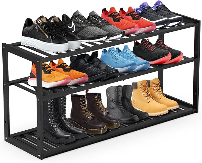 Jripae Bamboo Shoe Rack for Closet, Stackable 3 Tier Longer Shoe Organizer Shelf Holder Storage 12-15 Pairs for Entryway Door