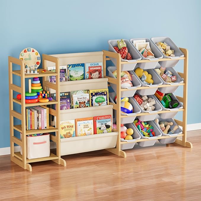SpaceAid 3-in-1 Toy Storage Organizer with 4 Shelves and 12 Bins, Toy Organizers Storage 3-Tier Bookshelf, Kids Bin Shelf Box