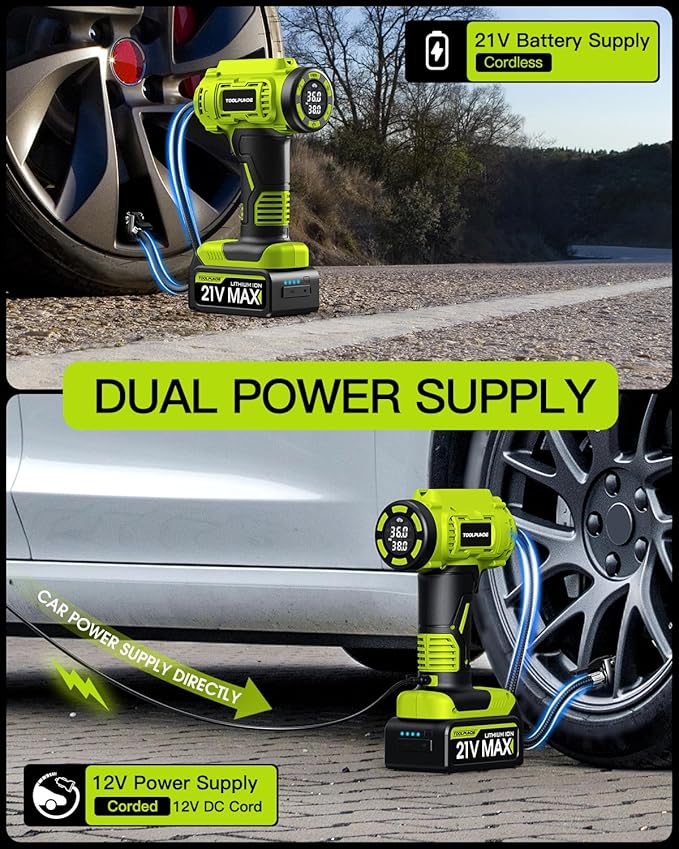 Upgraded Tire Inflator Portable Air Compressor, 5X Faster Inflation, 21V Rechargeable Battery Powered Car Tire Pump w/12V DC Adapter, Large LED HD Display, Air Pump for Car Tires