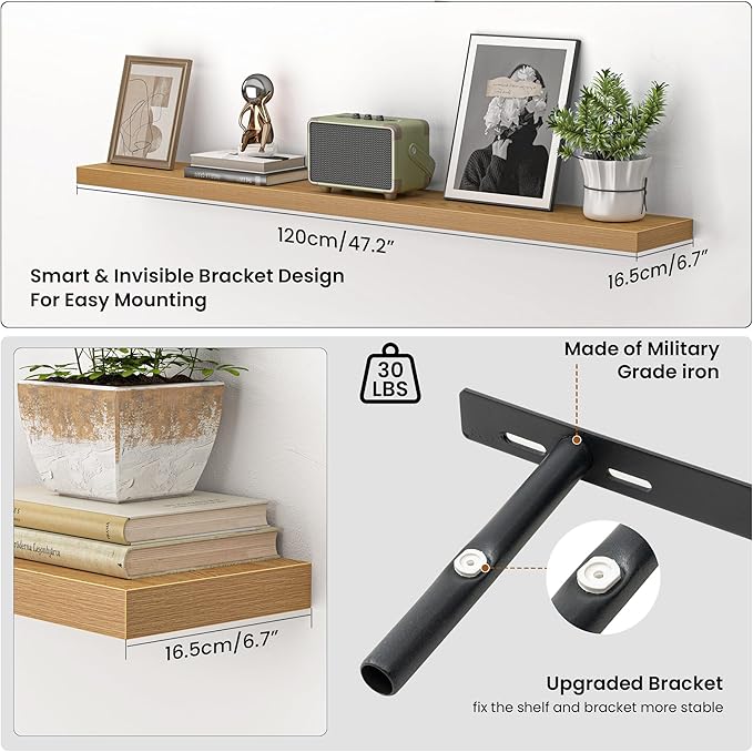 Heimlove 48 Inch Floating Shelves for Wall,Extra Long Wood Shelves Mounted Storage Hanging Shelf Invisible Bracket for Bedroo