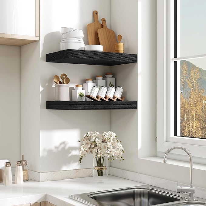 Fun Memories Black Floating Shelves for Wall - 10 x 16 Floating Shelf - Rustic Wood Storage Shelf - Wall Shelves with Invisib