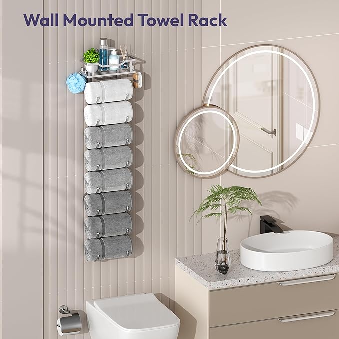 SWTYMIKI Over The Door Towel Rack - 9 Tier Towel Racks for Bathroom Wall Mounted, Towel Holder with Shelf, Hanging Rolled Tow