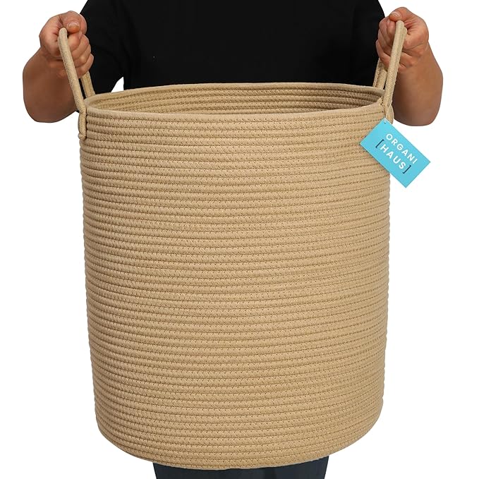 OrganiHaus Large Woven Laundry Basket w/Handles 52L, Rope Dirty Clothes Hamper, Blanket Basket for Living Room, Baby Laundry 