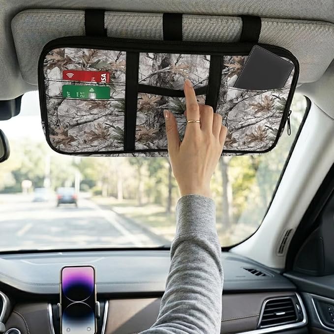 Sun Visor Organizer for Trucks,Branch Pattern Car SUV Storage Pouch Holder with Multi-Pocket Zipper Document Holder for Insurance, Pen, Chapstick