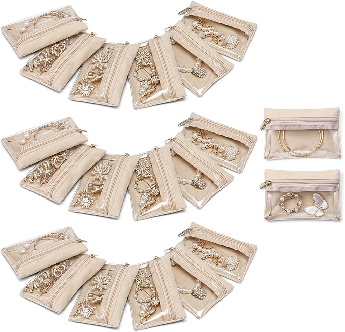 Vlando Jewelry Travel Case,Travel Jewelry Organizer with Clear Velvet Jewelry Bags Zipper Pouch for Women Girl Gift 20Pcs
