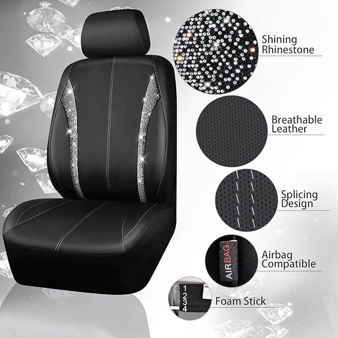 CAR PASS Leather Bling Diamond Car Seat Covers Front & Waterproof Rhinestone Car Floor Mats 4pcs & Sparkly Steering Wheel Cov
