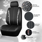 CAR PASS Leather Bling Diamond Car Seat Covers Front & Waterproof Rhinestone Car Floor Mats 4pcs & Sparkly Steering Wheel Cov