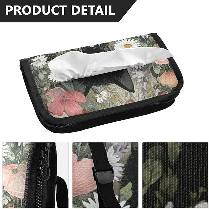 Car Tissue Holder Car Visor Organizer Tissue Box Holder for Car Sun Visor Organizer with Car Vehicle Accessories Essentials Interior for Women Men Black Cat Poppy Daisy