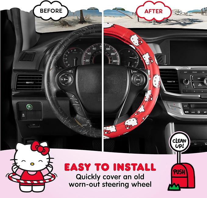 Hello Kitty Steering Wheel Cover by Sanrio, Universal Fit 14.5-15 Inch, Cute Red Car Accessories for Women, Soft Anti-Slip Grip Auto Protector