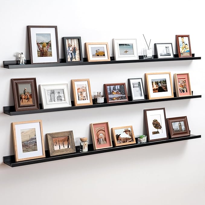 Axeman 72 Inch Floating Shelves | Black Picture Ledge Shelf Set of 3 | Rustic Wood Wall Shelves with Lip | 72" Black Picture 