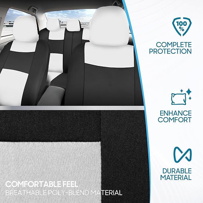 BDK PolyPro Car Seat Covers Full Set in White on Black, Front and Rear Split Bench Seat Covers for Cars, Easy to Install Car 