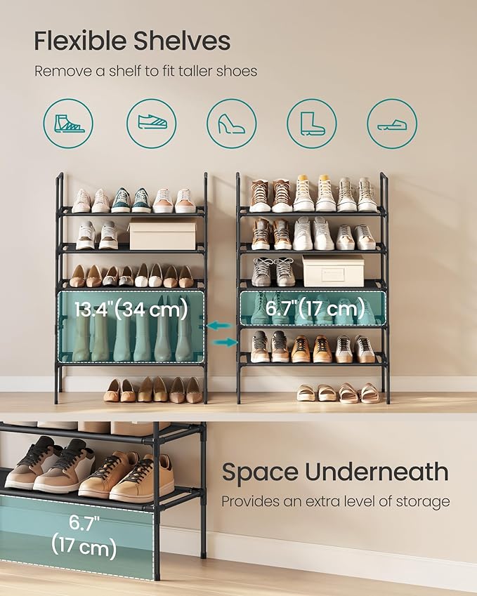 SONGMICS 5-Tier Shoe Rack, Shoe Storage for Hallway Closet, Slim and Space-Saving, Metal Frame, Non-Woven Fabric Shelves, Bla