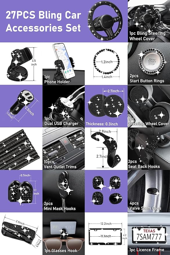 Belinous 27 PCs Bling Car Accessories for Women, Girl Car Accessories for Interior, Bling Steering Wheel Cover 14.5-15in, Bling License Plate Frame, Bling Phone Holder, Cup Coasters (Black Diamond)