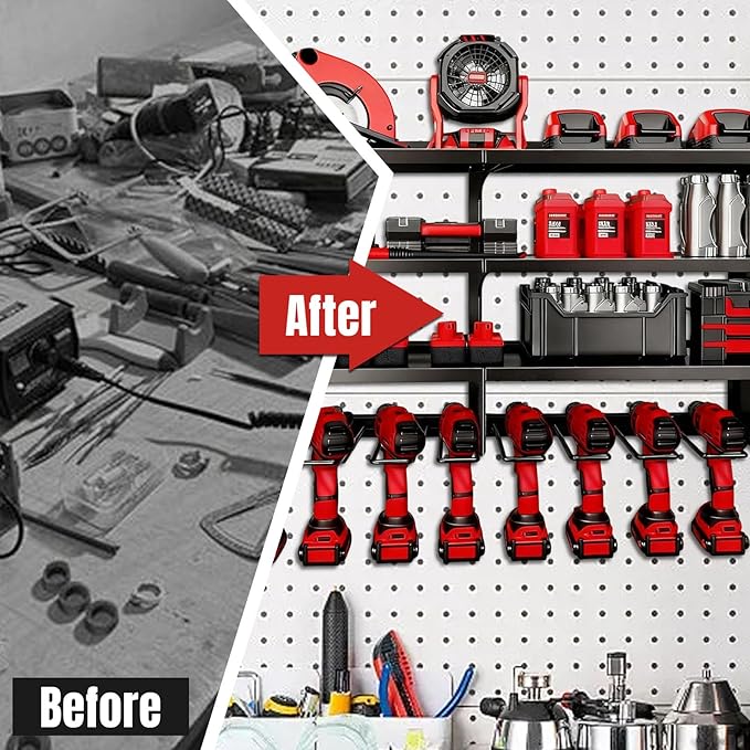 33" W Power Tool Organizer with Charging Station, 4 Layers Heavy Duty Metal Tool Storage Rack Wall Mount 8 Cordless Drill Hol