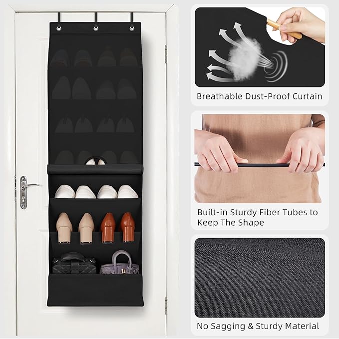 STORAGE MANIAC Over the Door Shoe Organizer with Curtain Dustproof Heavy-Duty Large Deep Pocket Hanging Shoe Organizer for Cl