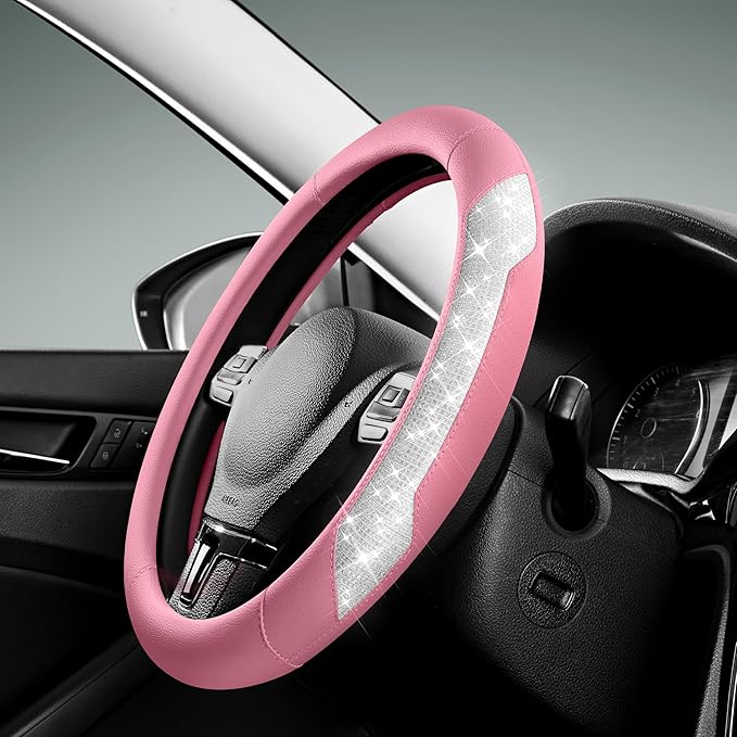 PIC AUTO Steering Wheel Cover, Sparkly Crystal Bling Glitter with Pink Leather, Universal Fit 14.5"-15.5" Car Steering Wheels
