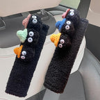 Car Headrest Pillow & Steering Wheel Cover Set with Cute Big-Eyed Black Travel Neck Support Pillow Fur Car Interior Accessory (Safty Belt Cover 2PCS)