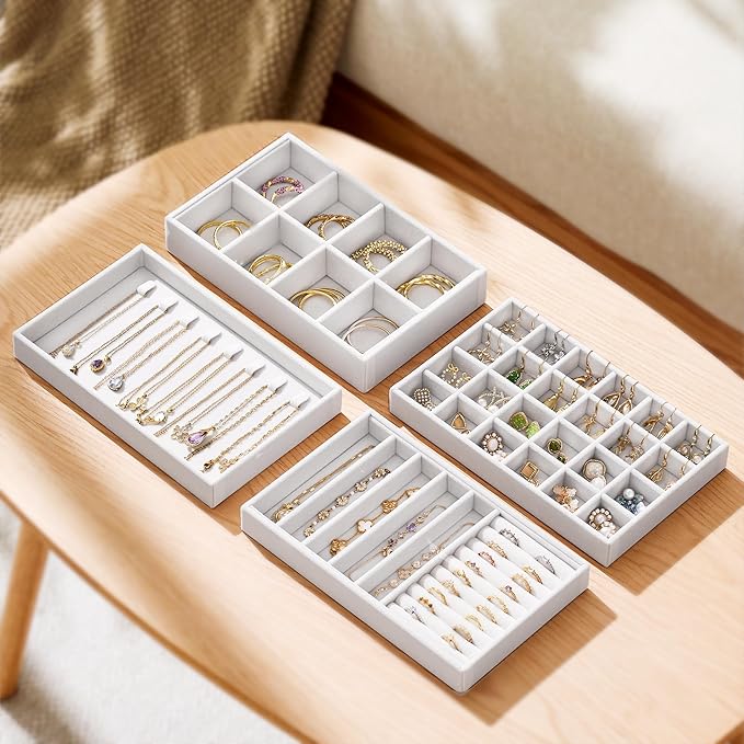 Velvet Jewelry Drawer Organizer Trays – White Stackable Jewelry Storage Inserts Set, 4-Layer Jewelry Tray Set for Earrings, R