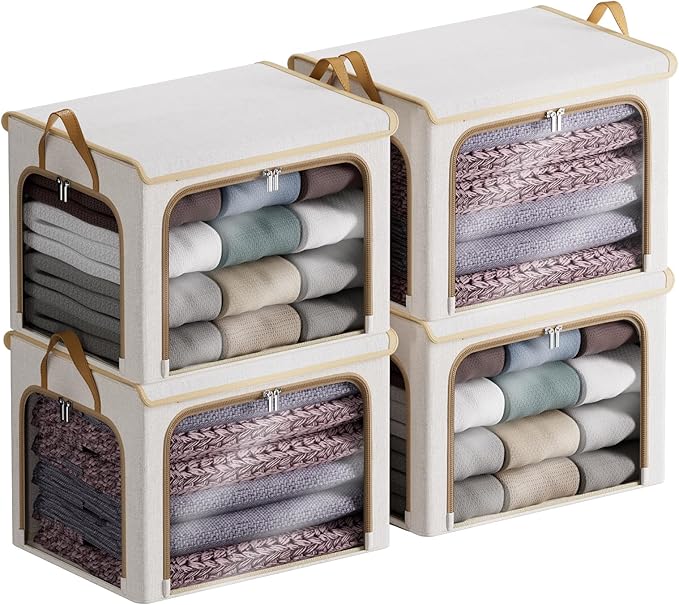 4 Pack Clothes Storage Bins with Metal Frame - 66L Stackable Storage Box with Lid，Foldable Storage Container Organizer for Cl