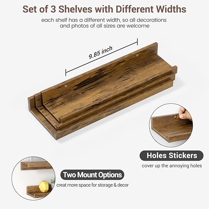 Axeman Picture Ledge Shelf | 16 Inch Brown Floating Shelves Set of 3 | Rustic Brown Wood Wall Shelves with Lip | 16" Picture 