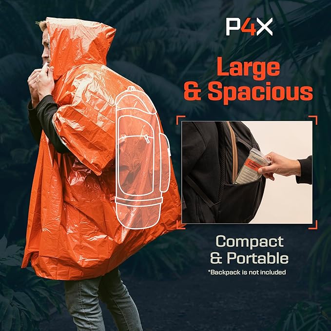 PREPARED4X Emergency Mylar Poncho – Survival Rain Poncho with Hood – Lightweight, Compact, Reusable Emergency Blanket Poncho 
