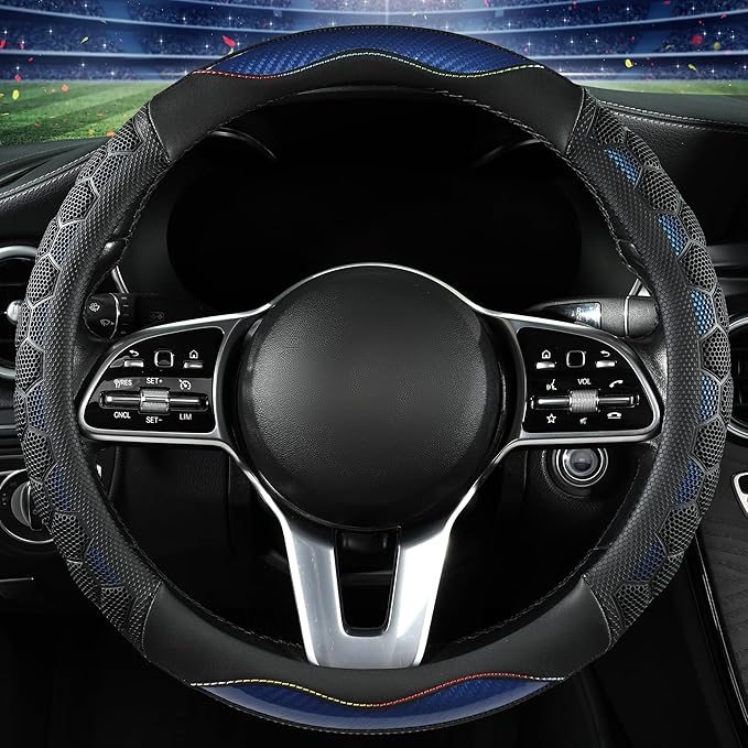 PU Leather Steering Wheel Cover 14.5-15 Inch, Carbon Fiber Style Grip, Non-Slip & Breathable, Universal for Sedan SUV Truck V