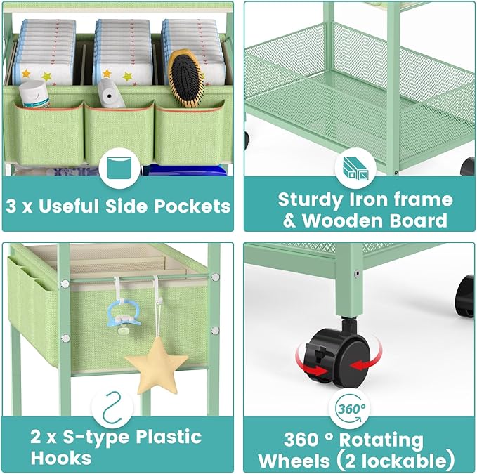 2in1 Baby Diaper Caddy Organizer Cart, 3-Tier Rolling Cart, Metal Diaper Caddy Carts, Bedside Carts for Nursery Essentials St