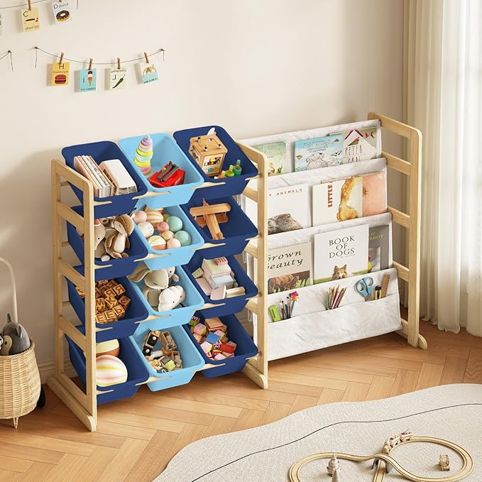 EXPERLAM Toy Storage Organizer with Bookshelf - 12 Storage Bins 4-Tier Multipurpose Shelf to Organize Toys and Books for Kids