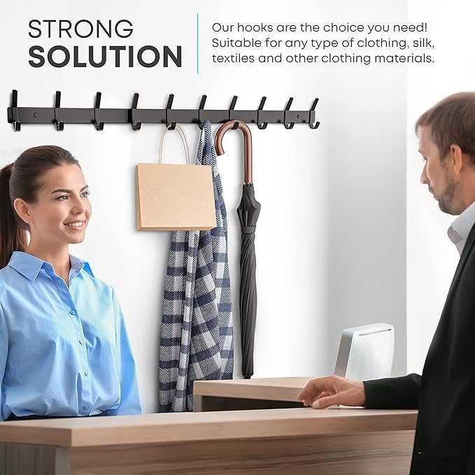 Matte Black Coat Rack Wall Mount – 30 Inch Stainless Steel Hook Rail with 10 Double Coat Hooks – Wall Mounted Entryway Organi