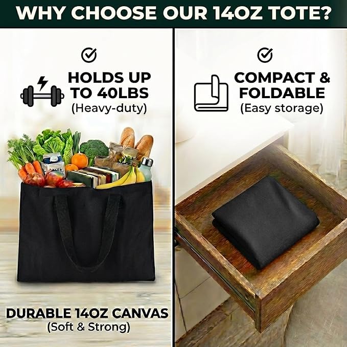 Extra Large Canvas Tote Bag - Big Reusable Grocery Shopping Heavy Duty Foldable