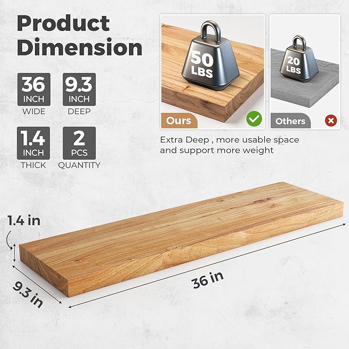 RICHFOCUS Elm Floating Shelves for Wall - 36" W x 9.3" D Rustic Solid Wood Shelves with Invisible Bracket, Wall-Mounted for L