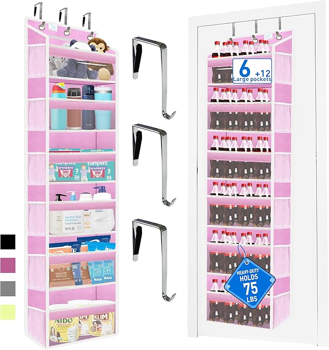 over the door organizer, Solid Bamboo Board (Not Plastic!) 6-Tier Heavy Duty 75LB, 12 Side Pockets, 3 Reinforced Hooks & Anti