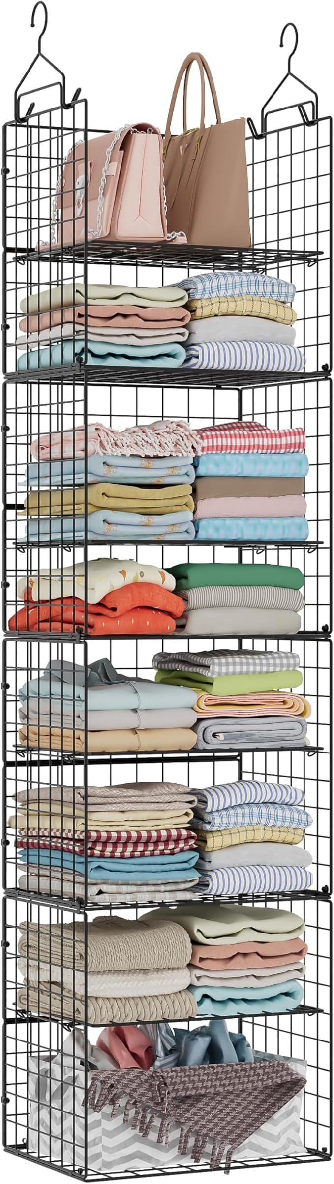Hanging Closet Organizer and Storage - 8 Tier Closet Hanging Organizer Shelves, Metal & Foldable Hanging Storage Organizer Ba