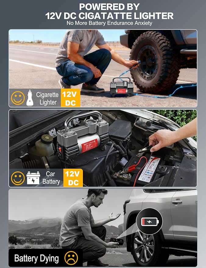 GSPSCN 6X Faster Inflation Tire Inflator Heavy Duty Double Cylinders with Portable Bag- Car Accessories，Metal 12V Air Compressor Pump 150PSI with Adapter for Car, Truck, SUV Tires, Dinghy, Air Bed