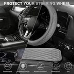 CAR PASS 3D Rhombus Memory Foam Leather Steering Wheel Cover Set, Comfortable Center Console Armrest Cushion Cover with Storage Bags Non-Slip Cup Coasters, 14.5-15in Car Interior Sets, 4 PCS All Gray