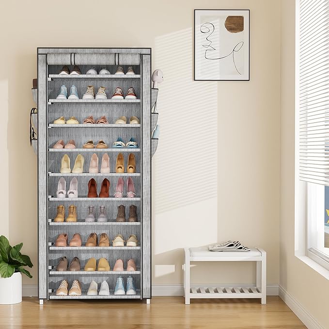 VTRIN Vertical Narrow Shoe Rack Organizer Tall Shoe Rack for Closet Entryway 10 Tier Non-Woven Cover Shoe Shelf Holds 36-41 P
