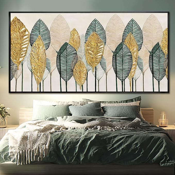 Contemporary Framed Wall Art Green and Gold Wall Decor Leaves Wall Prints Line Wall Posters 29"x58" Living Room Decorations K