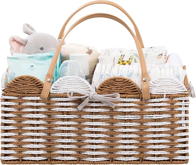 HBlife Large Baby Diaper Caddy, Paper Rope Storage Baskets Nursery Bin with Removable Divider, Portable Car Organizer for Dia