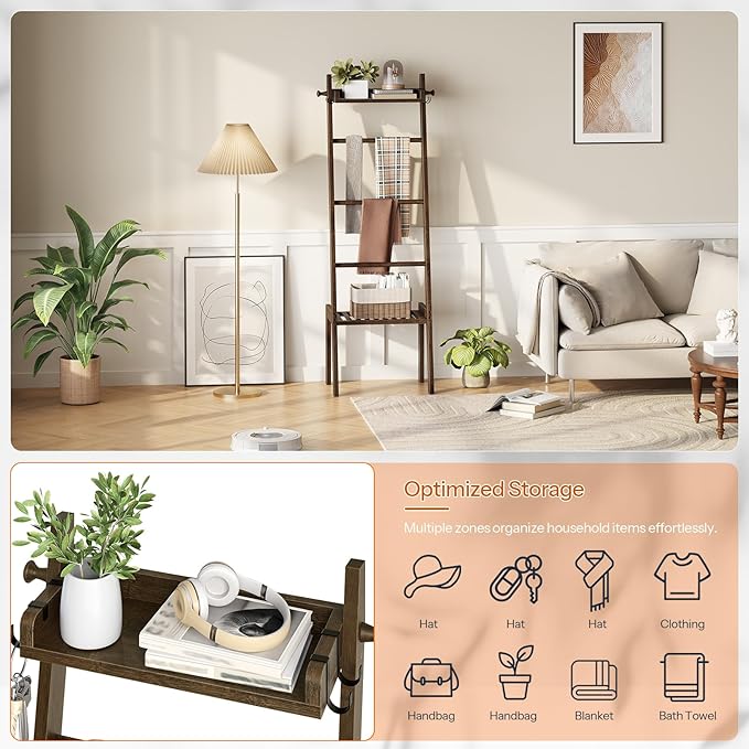 HOOBRO Blanket Ladder, 5 Tier Bamboo Ladder Shelf, Blanket Ladders for Living Room and Bedroom, Farmhouse Blanket Holder Rack