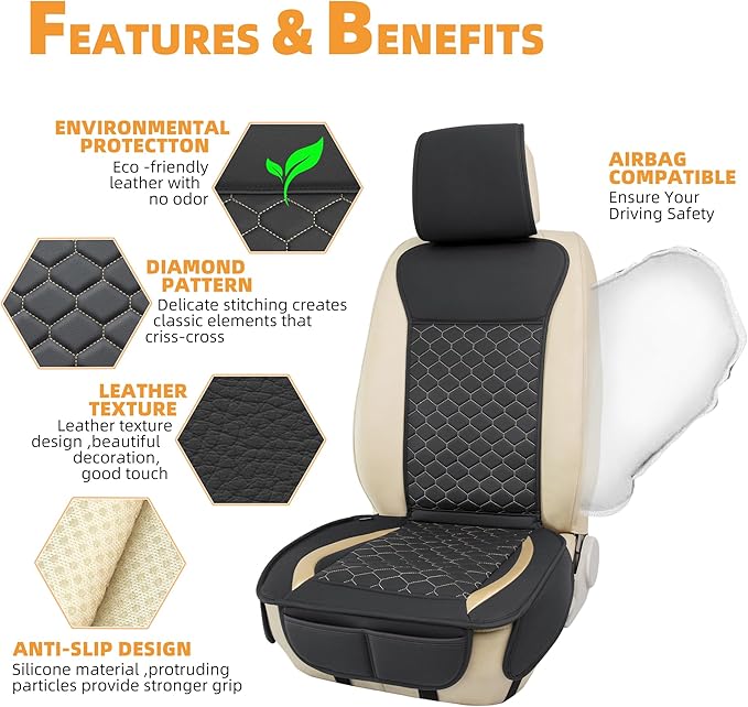 Elantrip 2PCs Front Car Seat Covers Leather Car Seat Protector Universal fit for Most Cars SUVs and Trucks Water Proof Seat P