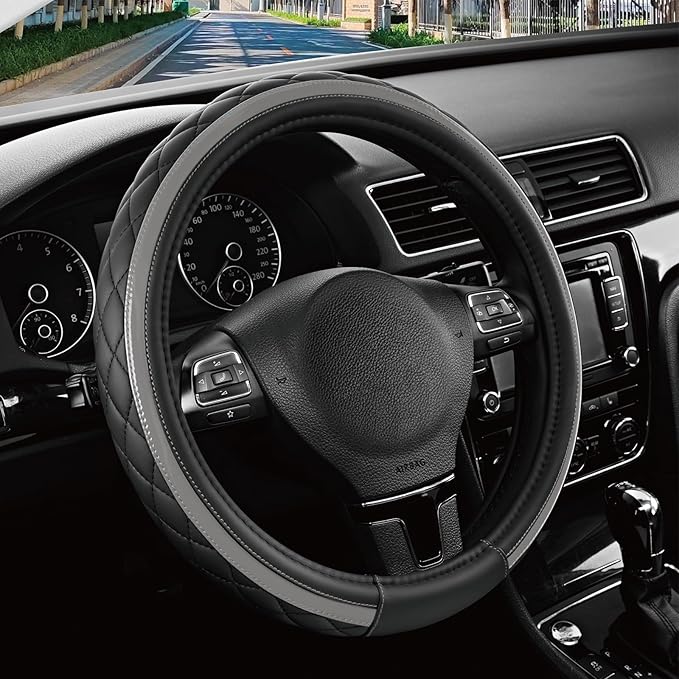 Road Comforts Leather Steering Wheel Cover – Black & Gray, Universal Fit 14.5-15 Inch, Microfiber Leather, Anti-Slip & Breath