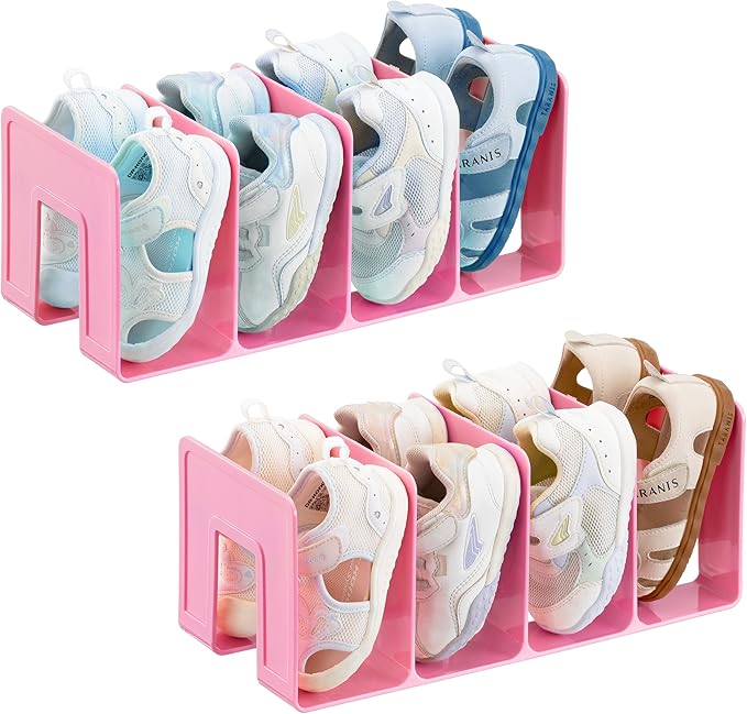 HBlife Pink Acrylic Kids Shoe Rack for Closet Organizers and Storage, Small Shoe Rack 4 Sections Toddler Baby Shoe Storage Or