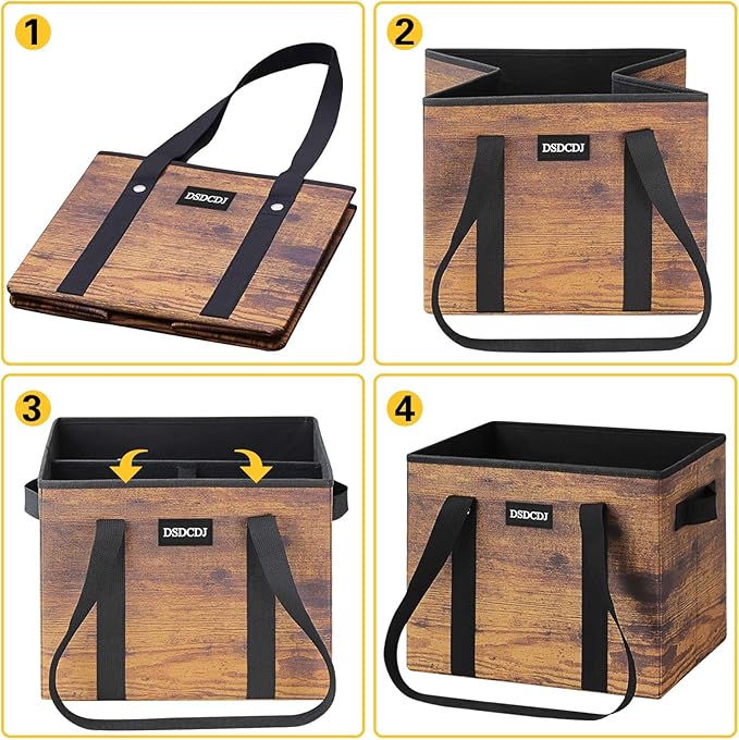 Reusable Grocery Bags - Heavy Duty Reusable Shopping Bags with Hard Bottom & Long Handles, Foldable Large Tote Bags with Box Shape to Stand Up - for Kitchen, Picnic, 3 Pack, Rustic Brown