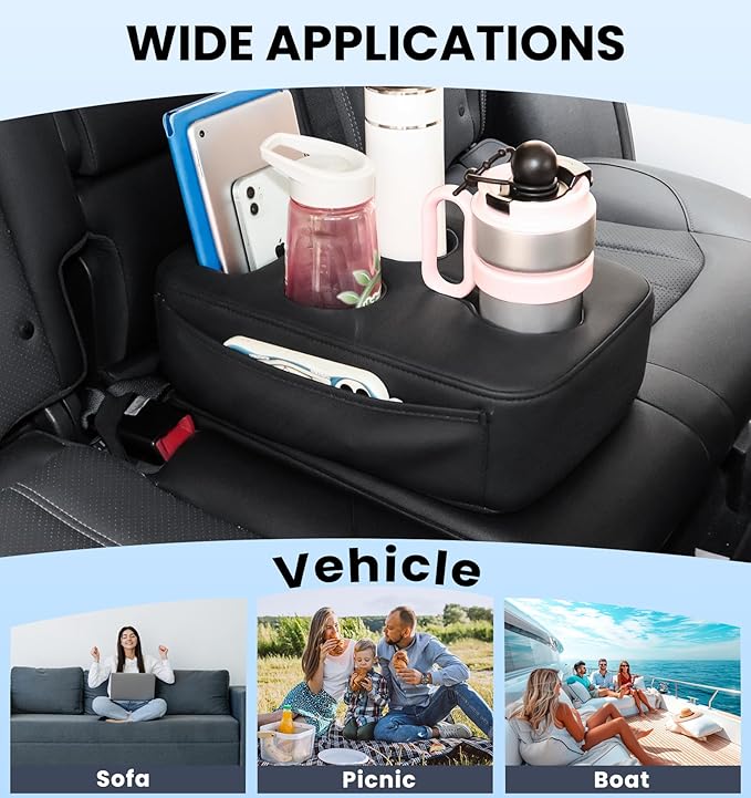 Back Seat Cup Holder for Car, PU Leather Couch Sofa Bed Boat Cup Holder Tray, Organizer for Trucks, Minivans, SUVs, RVs, Vehicles, Holds Drinks, Remote, Snacks, with Side Pockets