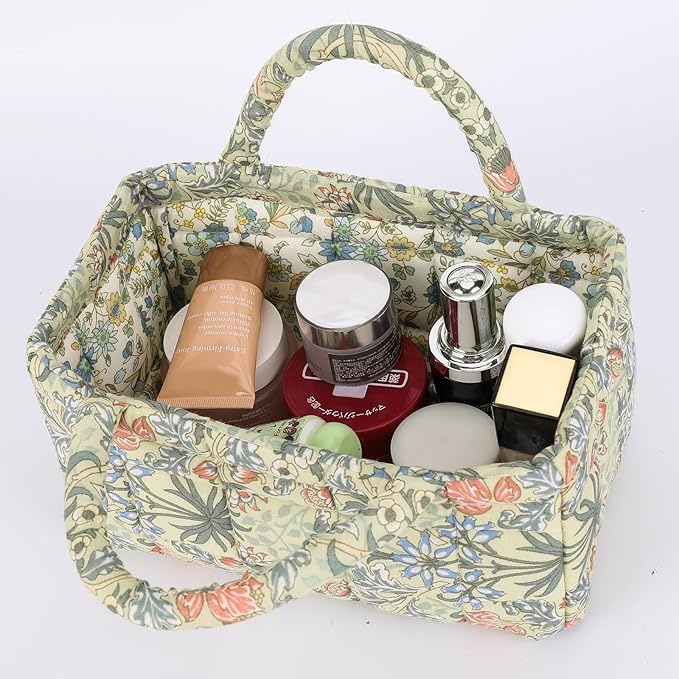 Small Storage Basket Organizer, Mini Fabric Floral Storage Baskets with Handle, Quilted Portable Collapsible Storage (H)