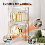 M MZG Heavy Duty Rolling Garment Rack 3 Tiers Adjustable Wire Shelving Clothes Rack with 2 Rods and Side Hooks,Storage Closet
