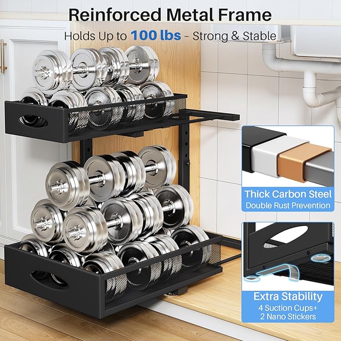 Under Sink Organizer, 2 Pack 2 Tier Pull Out Under Cabinet Organizer Shelf with Pad for Framed Cabinets, Metal Slide Out Unde